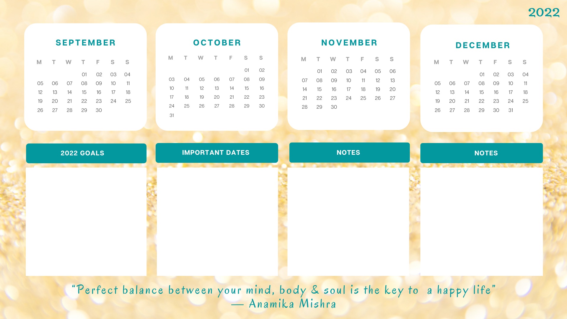 Free Printable Calendar 2022 with Inspiring Quotes