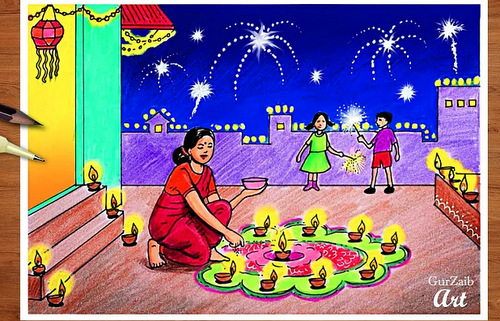 Easy Diwali Drawing with Oil Pastels / Step by Step - MyHobbyClass.com-saigonsouth.com.vn